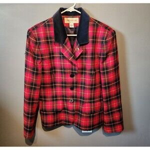 Jones New York Red Plaid Holiday Wool Blazer Women's Size 12 With Broach
